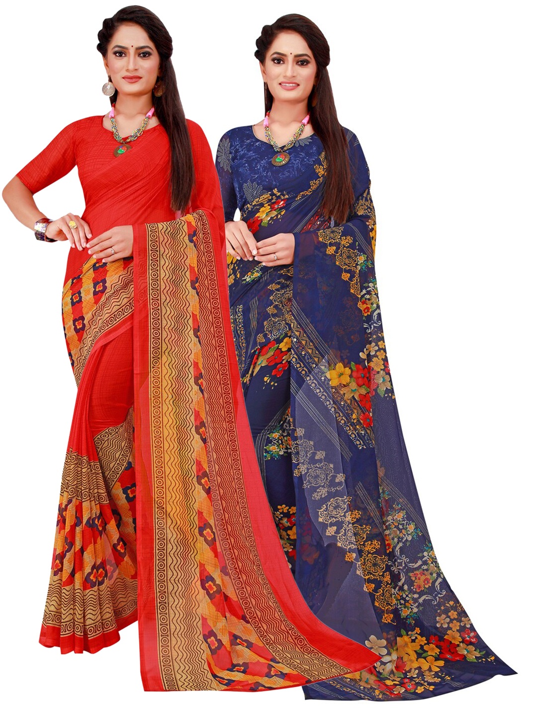Florence Red & Navy Blue Set of 2 Floral Printed Georgette Saree