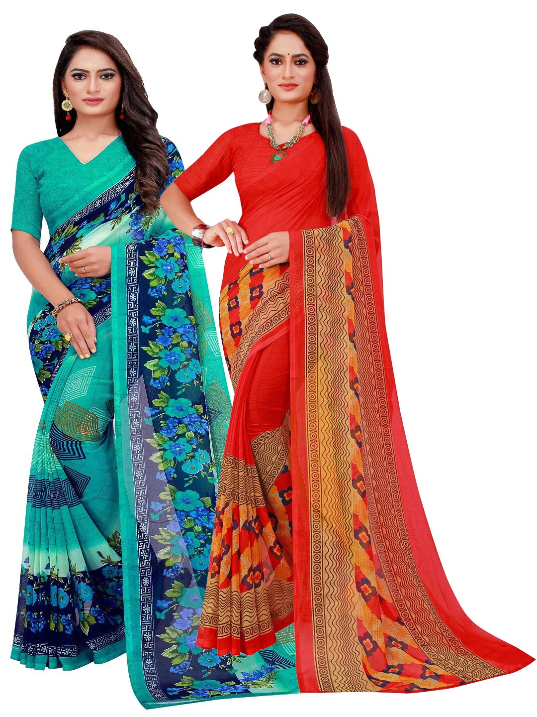 

Florence Pack Of 2 Turquoise Blue & Red Pure Georgette Sarees