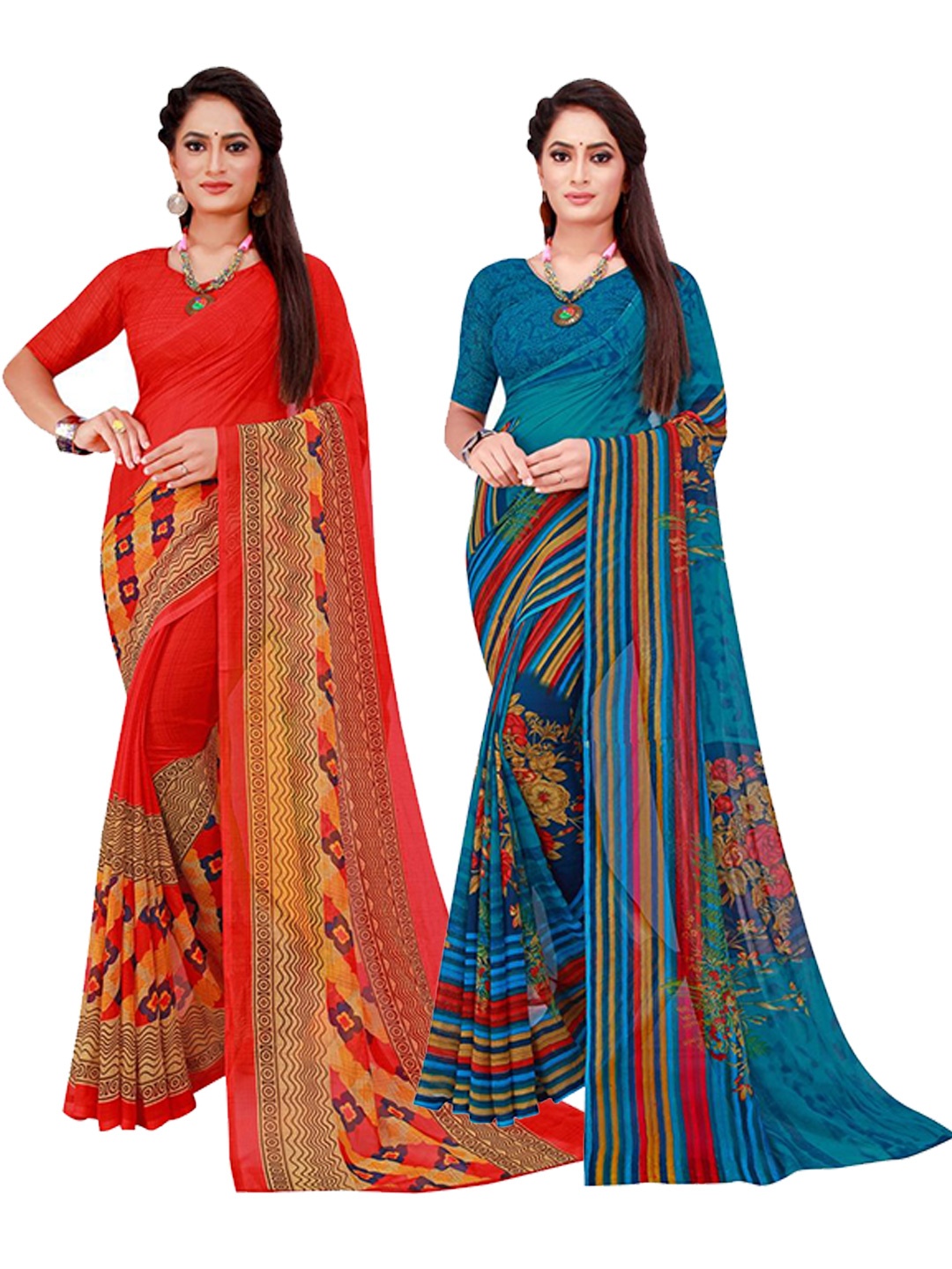 

Florence Pack Of 2 Red & Blue Floral Pure Georgette Saree