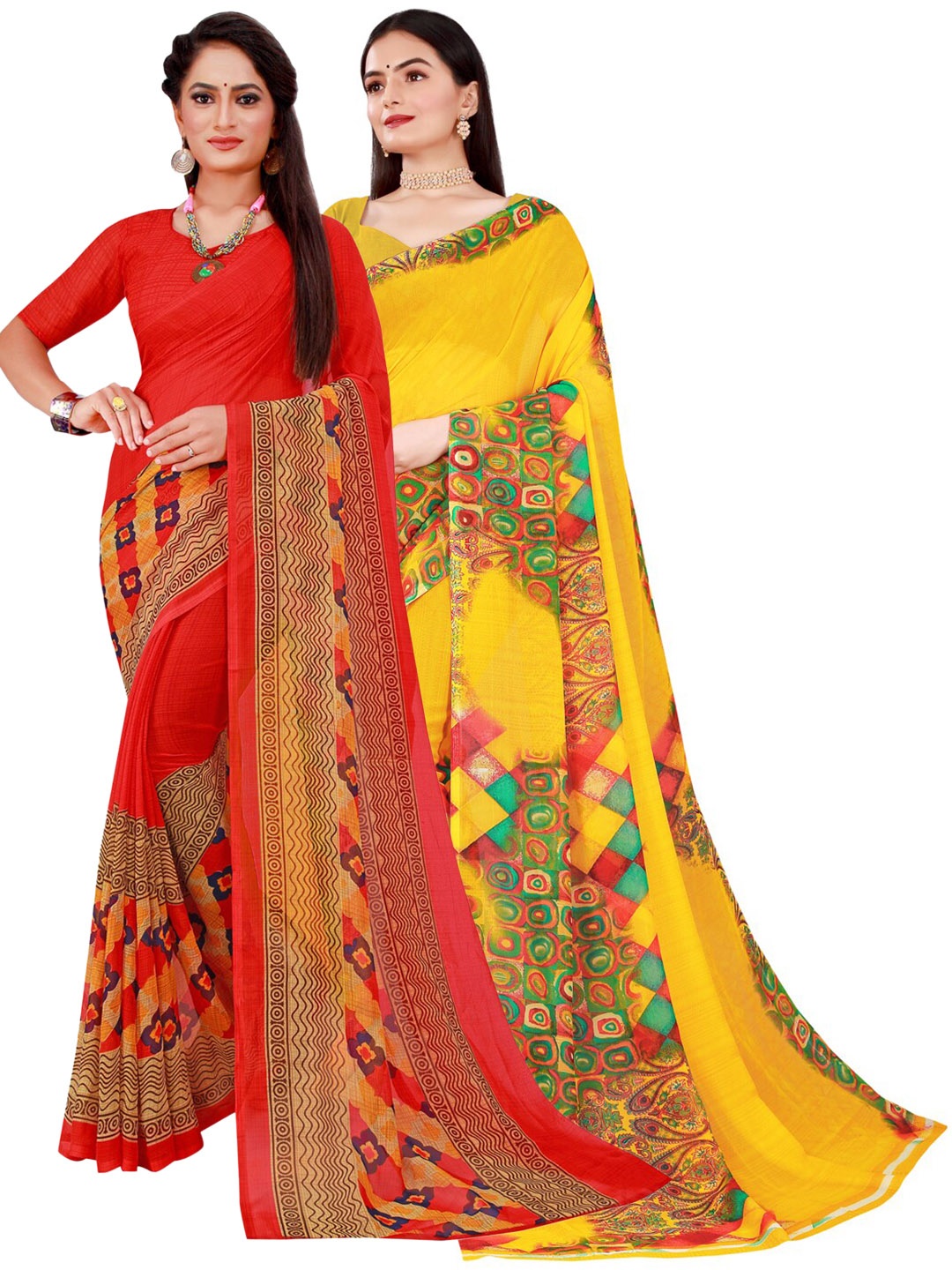 

Florence Red & Yellow Printed Pure Georgette Saree Pack Of 2