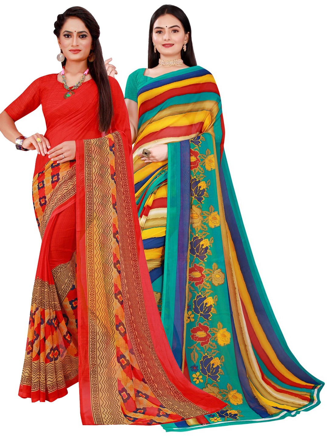 

Florence Red & Blue Set Of 2 Floral Pure Georgette Saree