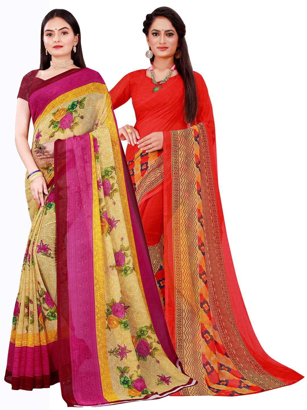 Florence Pack Of 2 Beige & Red Floral Pure Georgette Saree