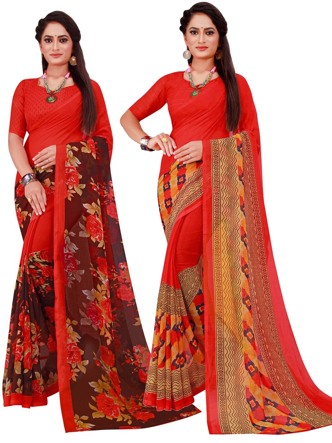

Florence Red & Green Set Of 2 Floral Pure Georgette Saree