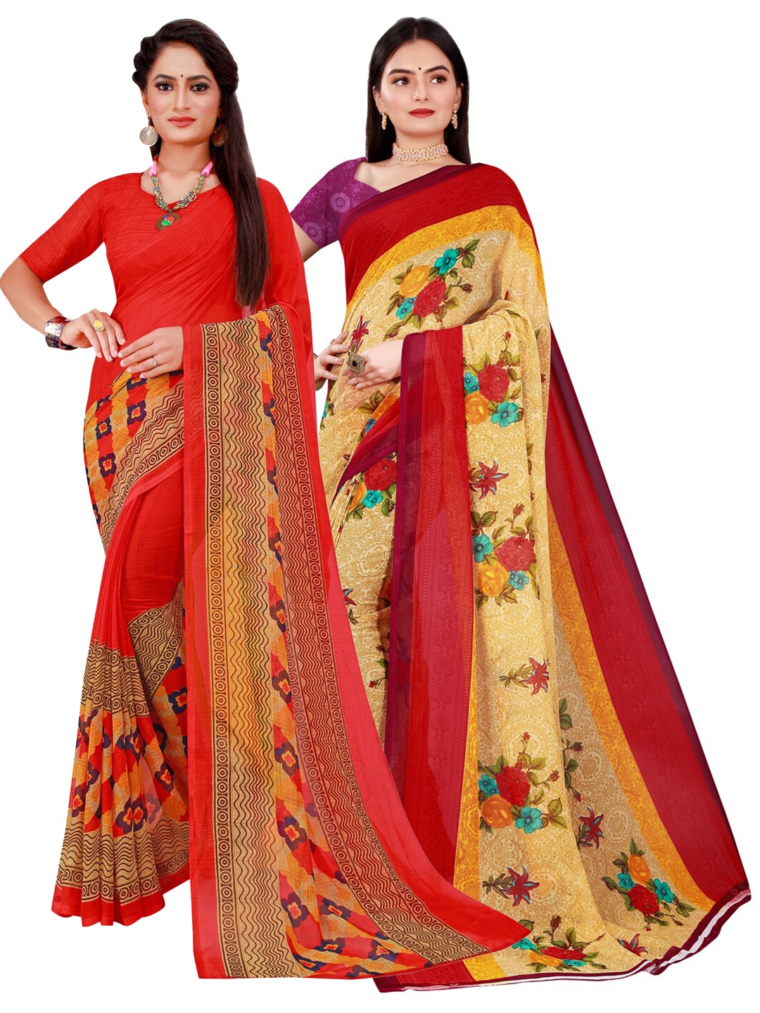 

Florence Beige & Red Printed Pure Georgette Saree