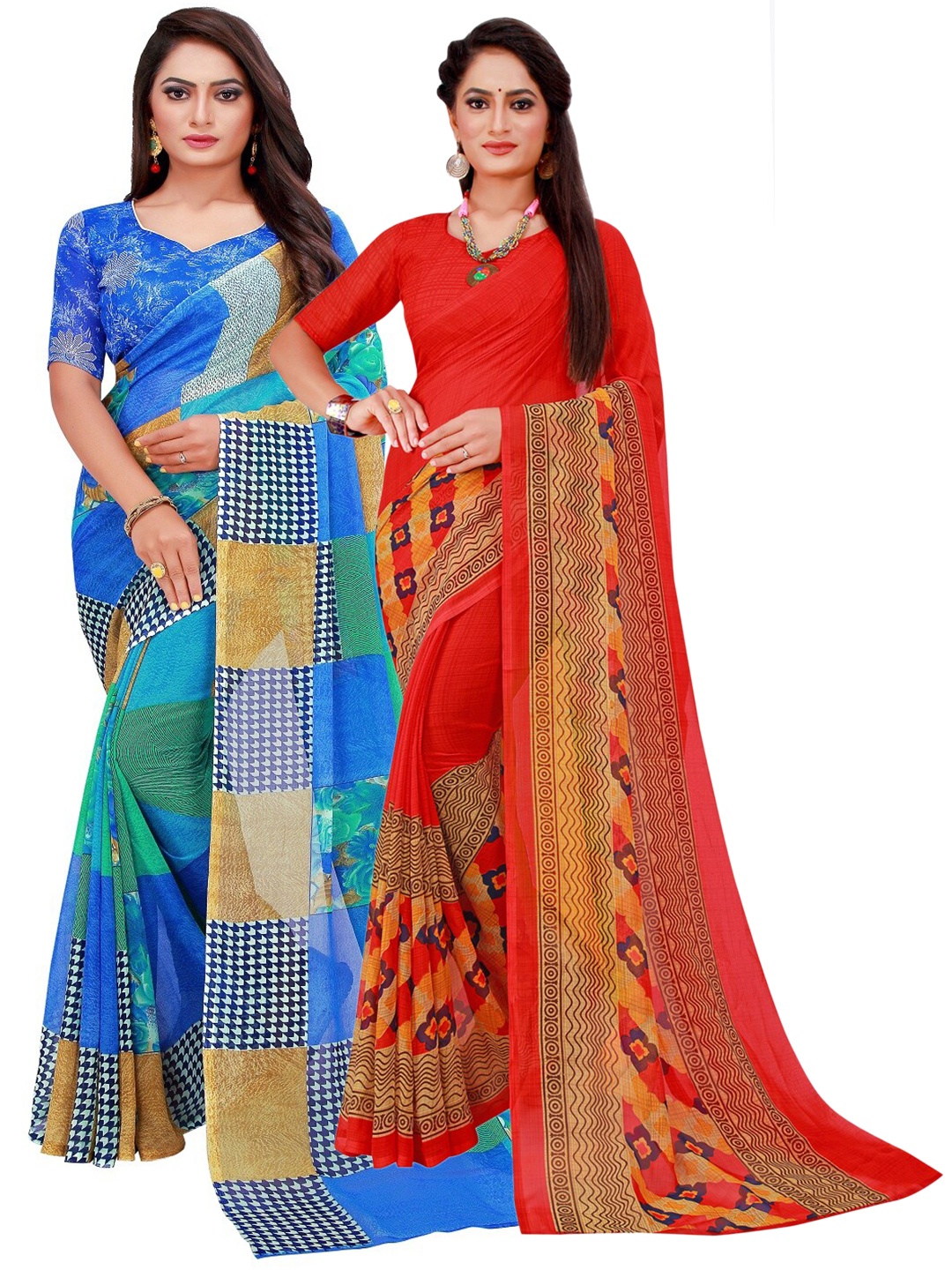 Florence Pack Of 2 Blue & Red Floral Pure Georgette Sarees