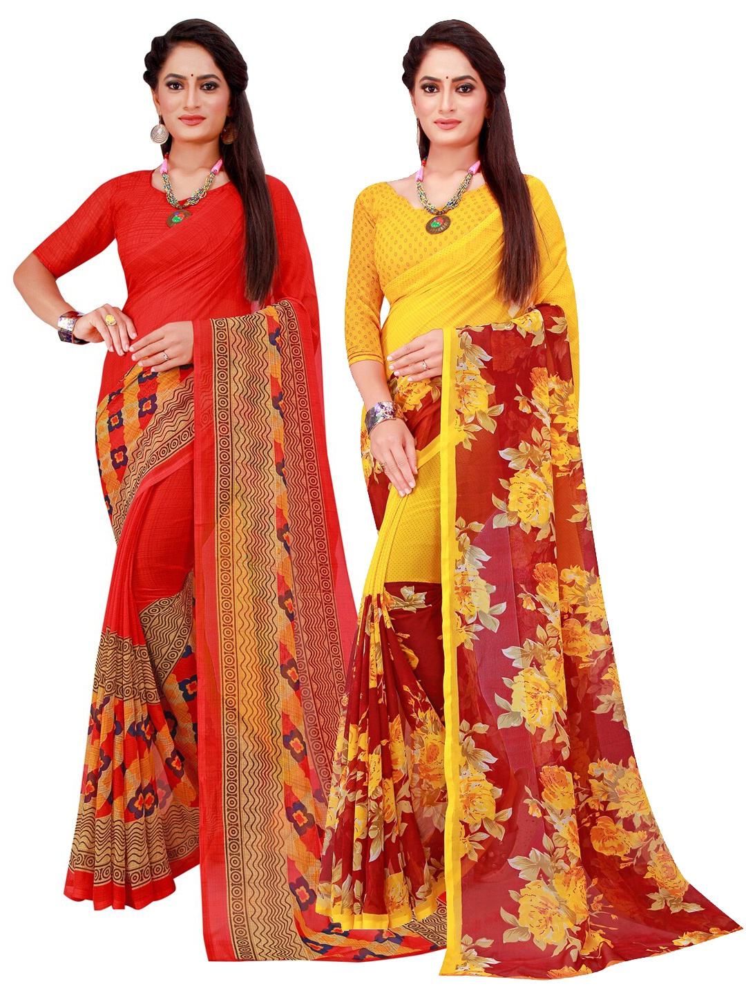 Florence Red & Yellow Floral Printed Pure Georgette Saree Pack Of 2