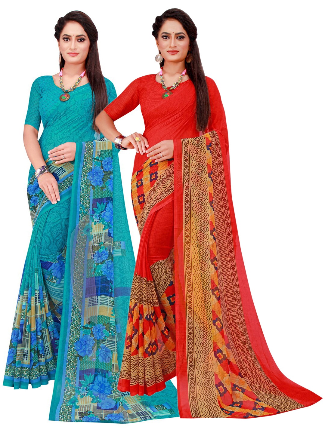 

Florence Pack Of 2 Turquoise Blue & Red Floral Pure Georgette Saree