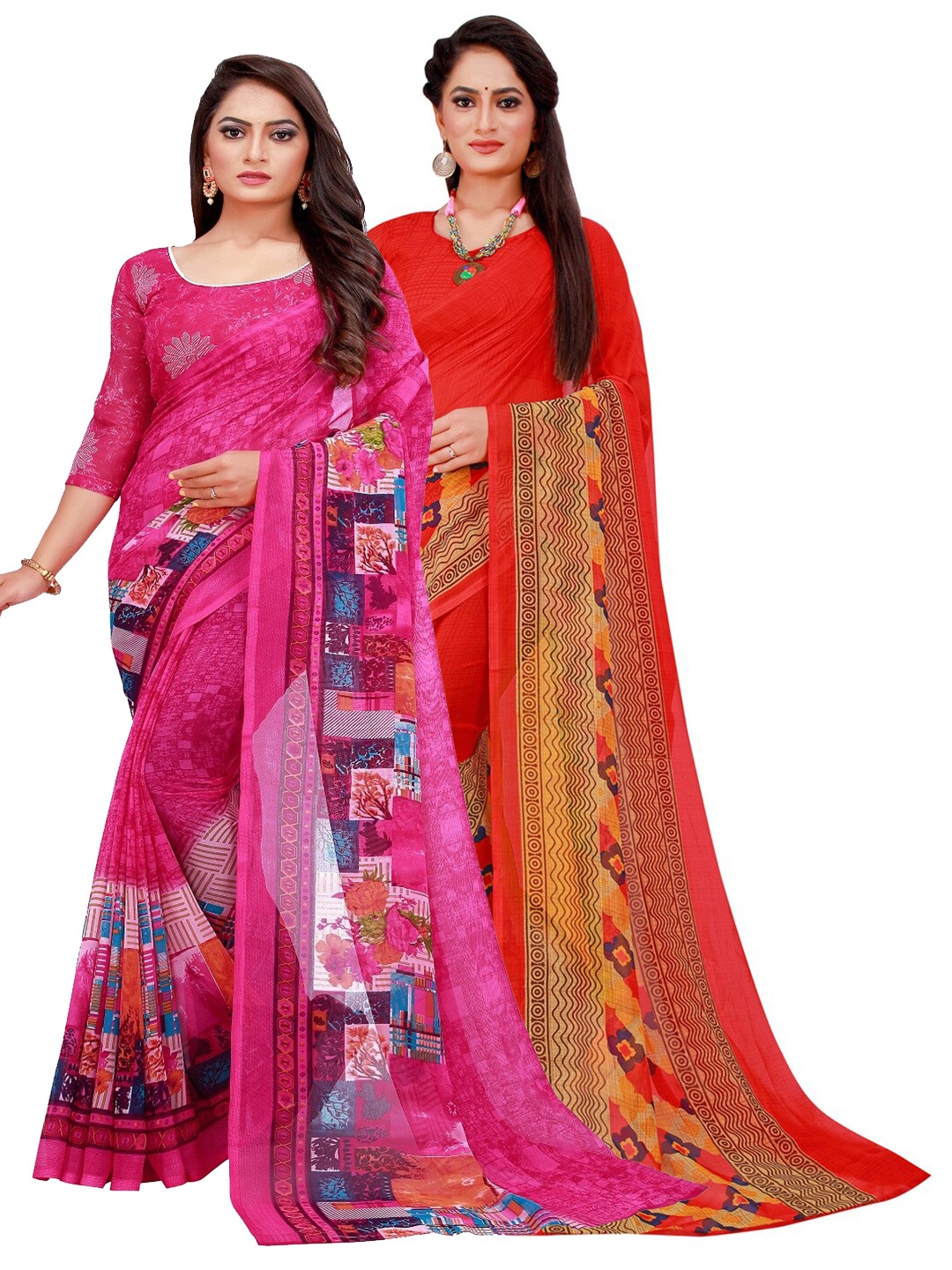 

Florence Set Of 2 Magenta & Red Floral Pure Georgette Saree