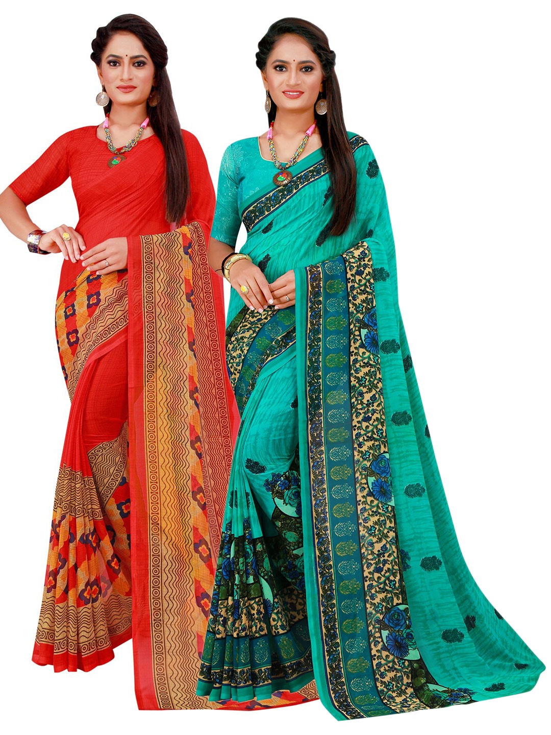 

Florence Red & Turquoise Blue Printed Pure Georgette Saree