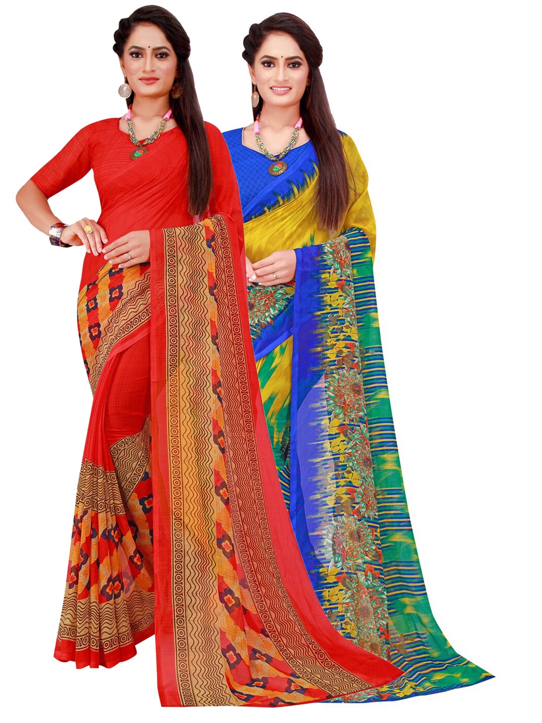 

Florence Set Of 2 Red & Blue Floral Pure Georgette Saree