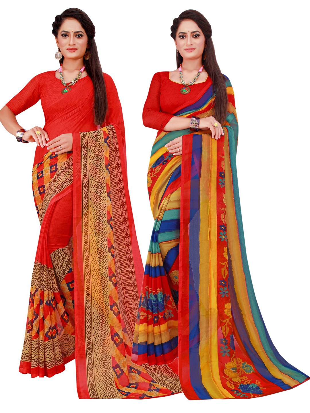 

Florence Red & Blue Set Of 2 Floral Pure Georgette Saree