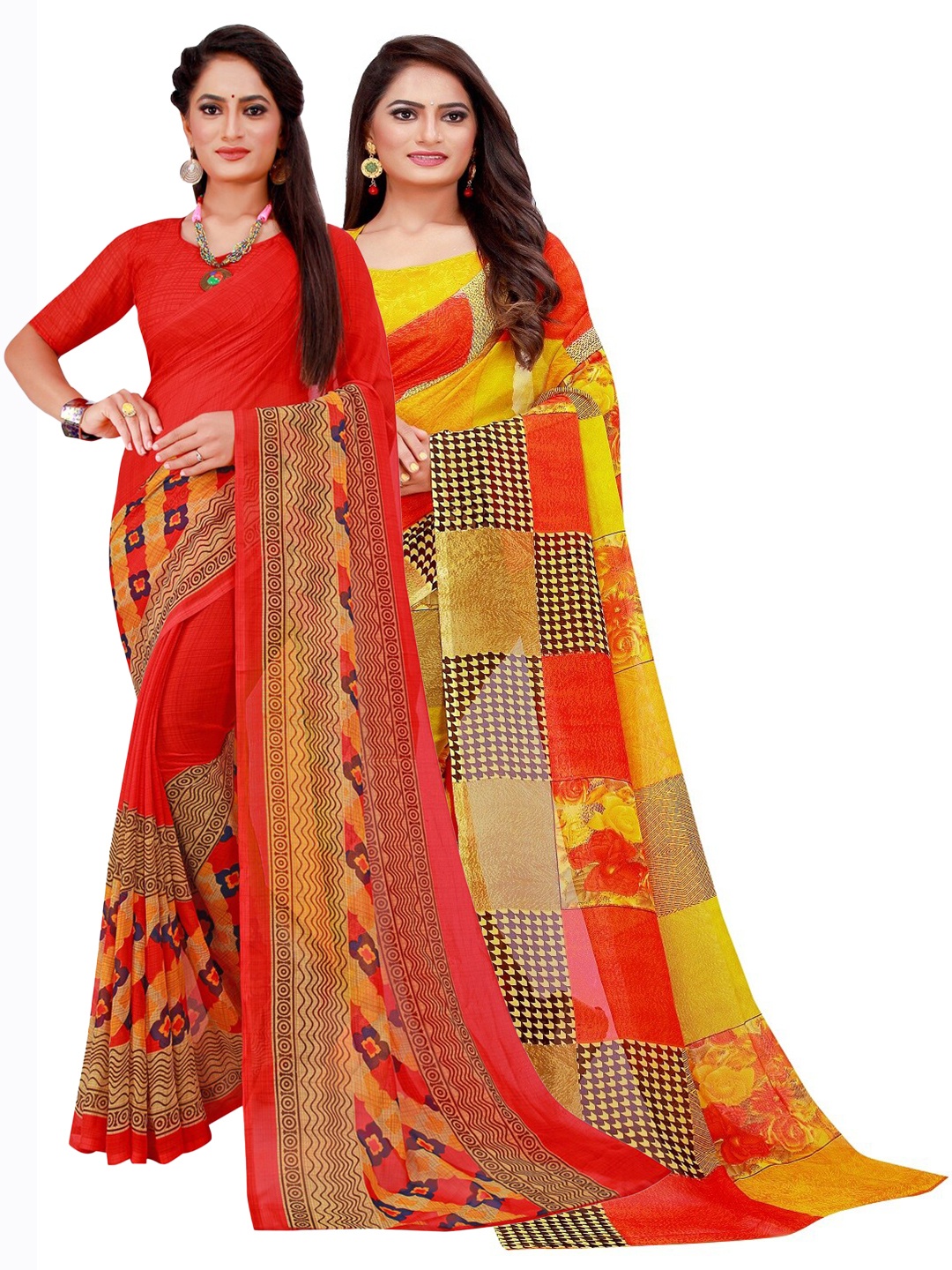 

Florence Red & Yellow Set of 2 Floral Printed Georgette Saree