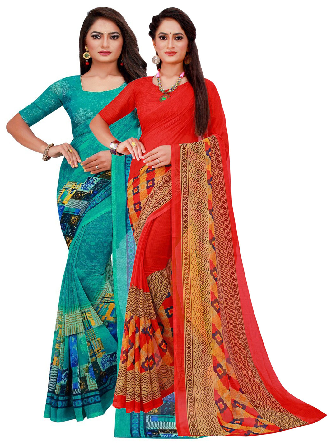 

Florence Turquoise Blue & Red Printed Pure Georgette Saree Pack Of 2