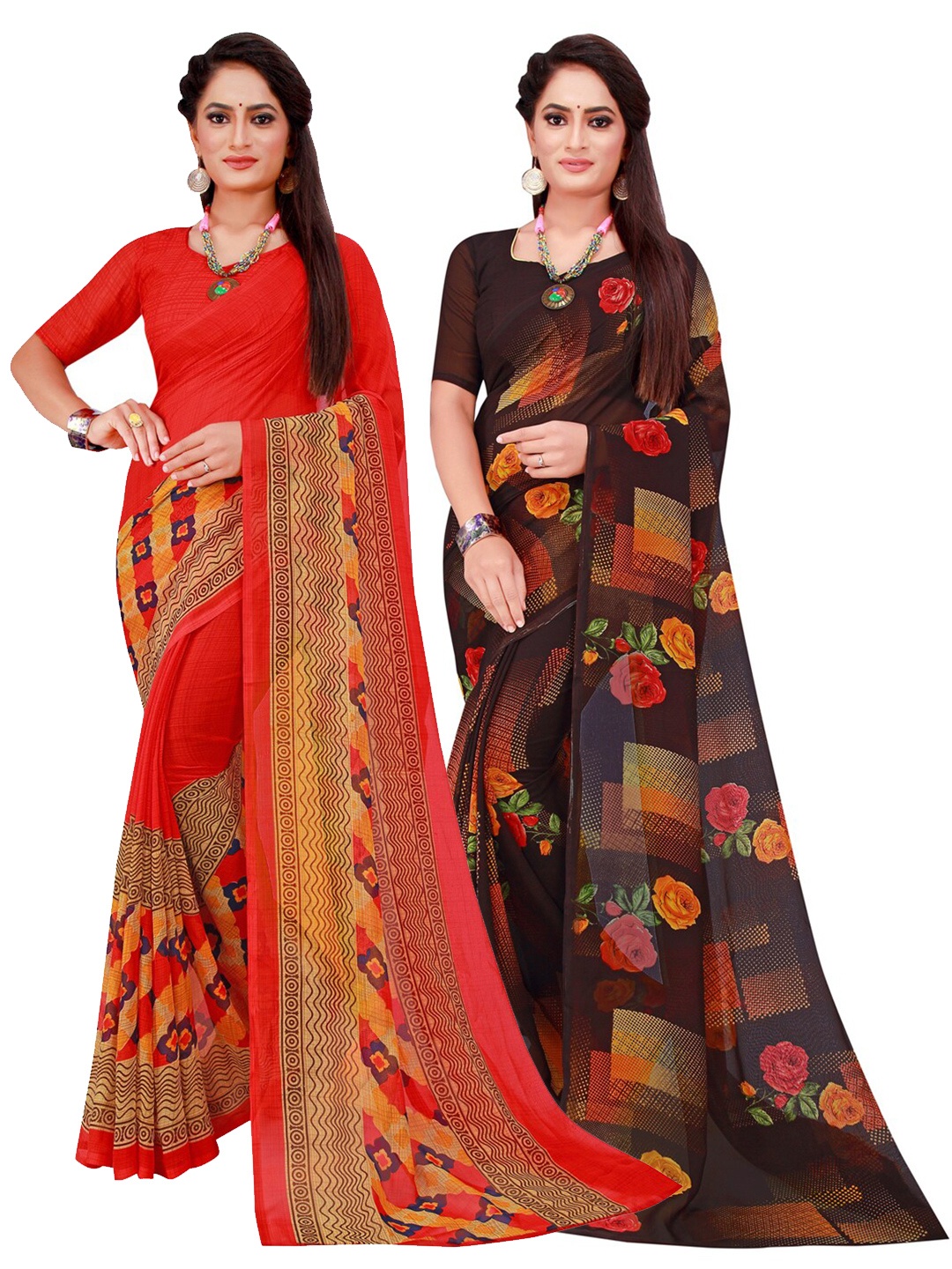 

Florence Pack Of 2 Red & Black Pure Georgette Sarees