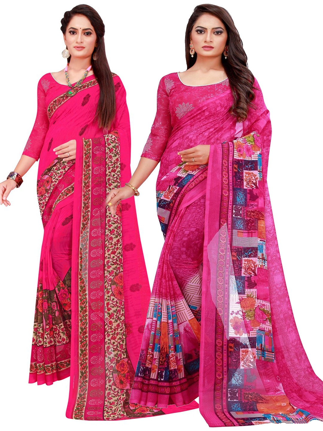 

Florence Set Of 2 Magenta & Blue Floral Pure Georgette Saree