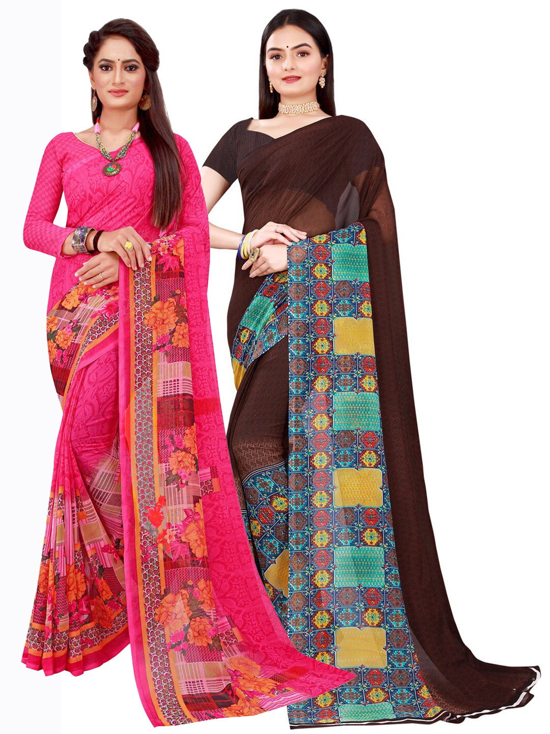 

Florence Pack of 2 Brown & Magenta Floral Pure Georgette Sarees