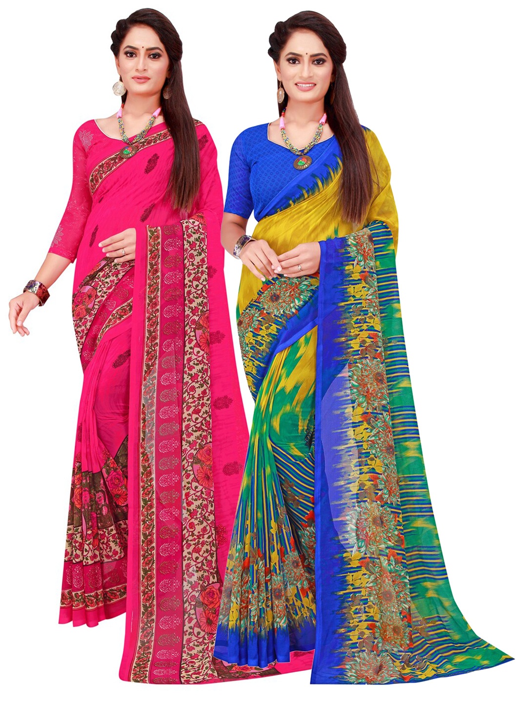 

Florence Magenta & Blue Set Of 2 Floral Pure Georgette Saree
