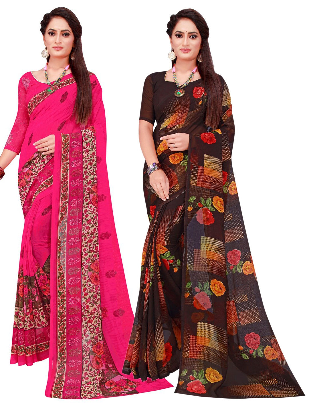

Florence Magenta & Black Printed Pure Georgette Saree Pack Of 2