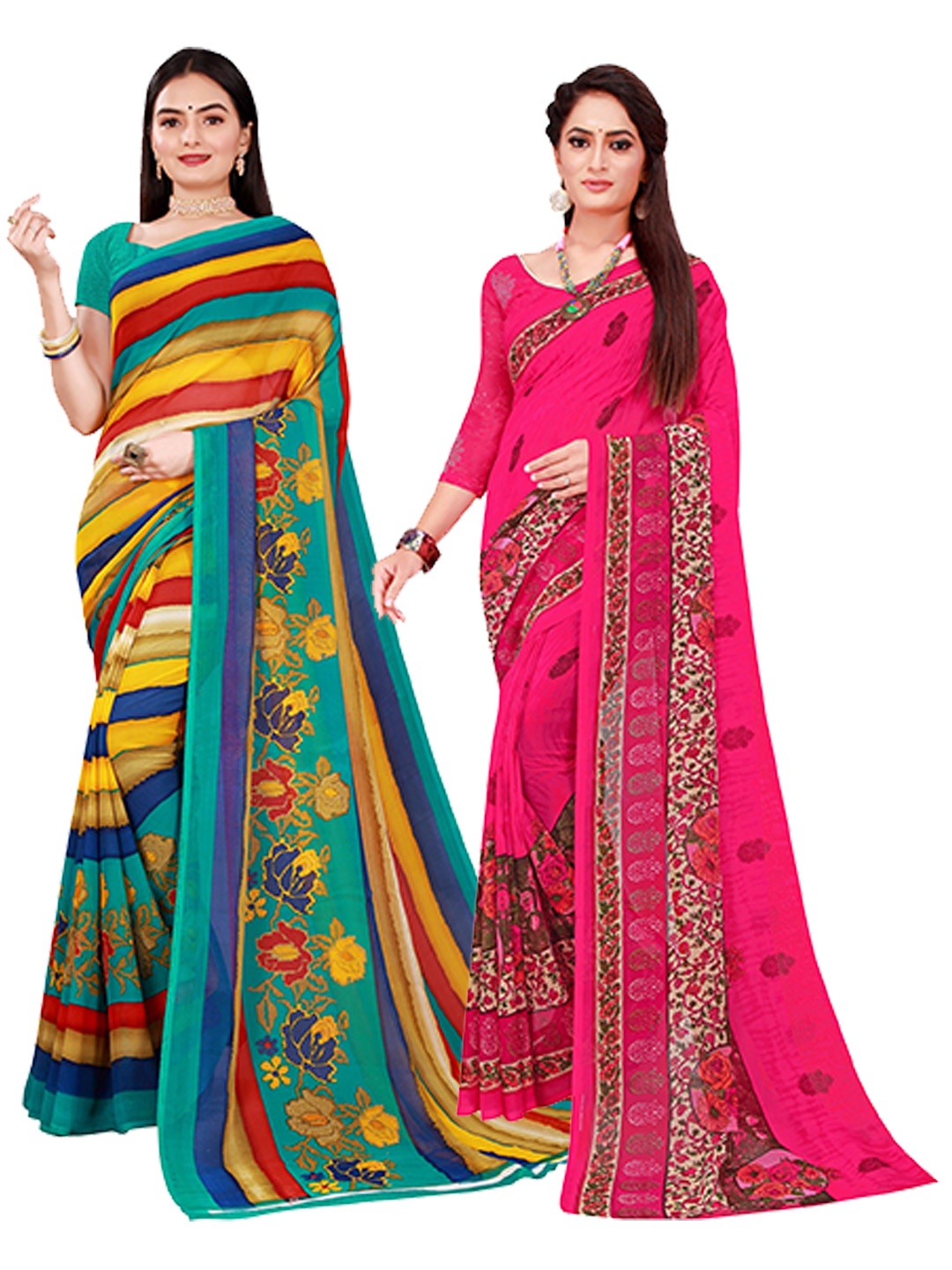 

Florence Pack Of 2 Magenta & Yellow Pure Georgette Sarees