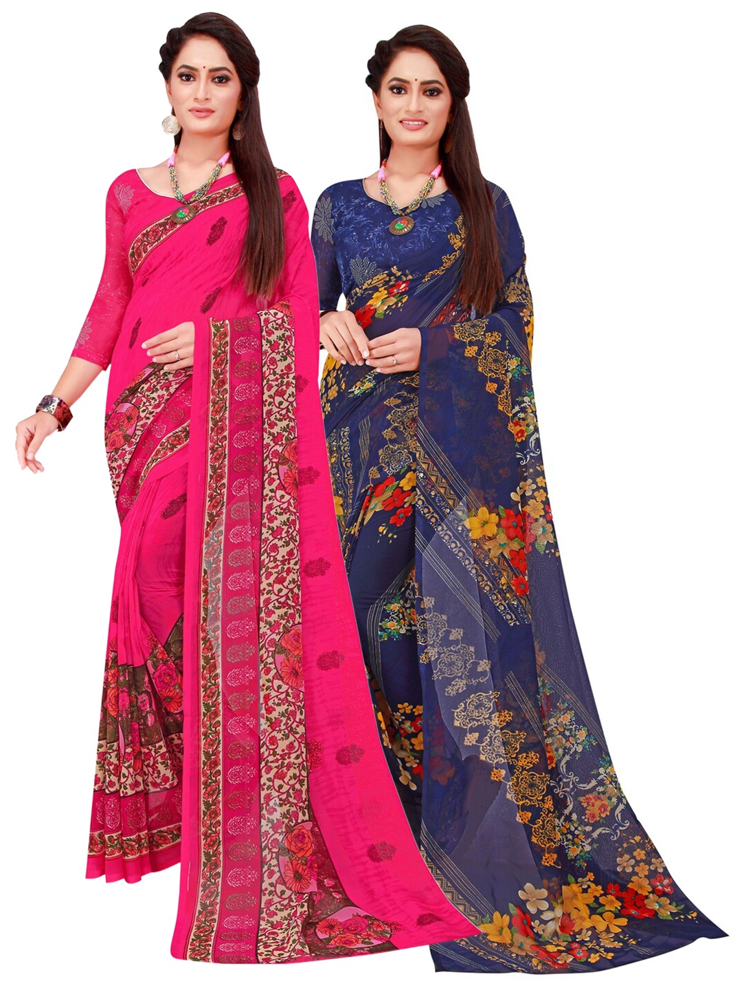 

Florence Pack Of 2 Magenta & Navy Blue Floral Pure Georgette Saree
