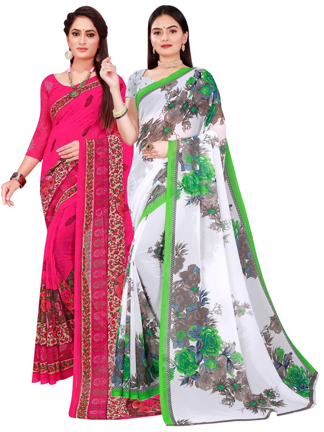 

Florence Pack of 2 Magenta & White Floral Pure Georgette Sarees
