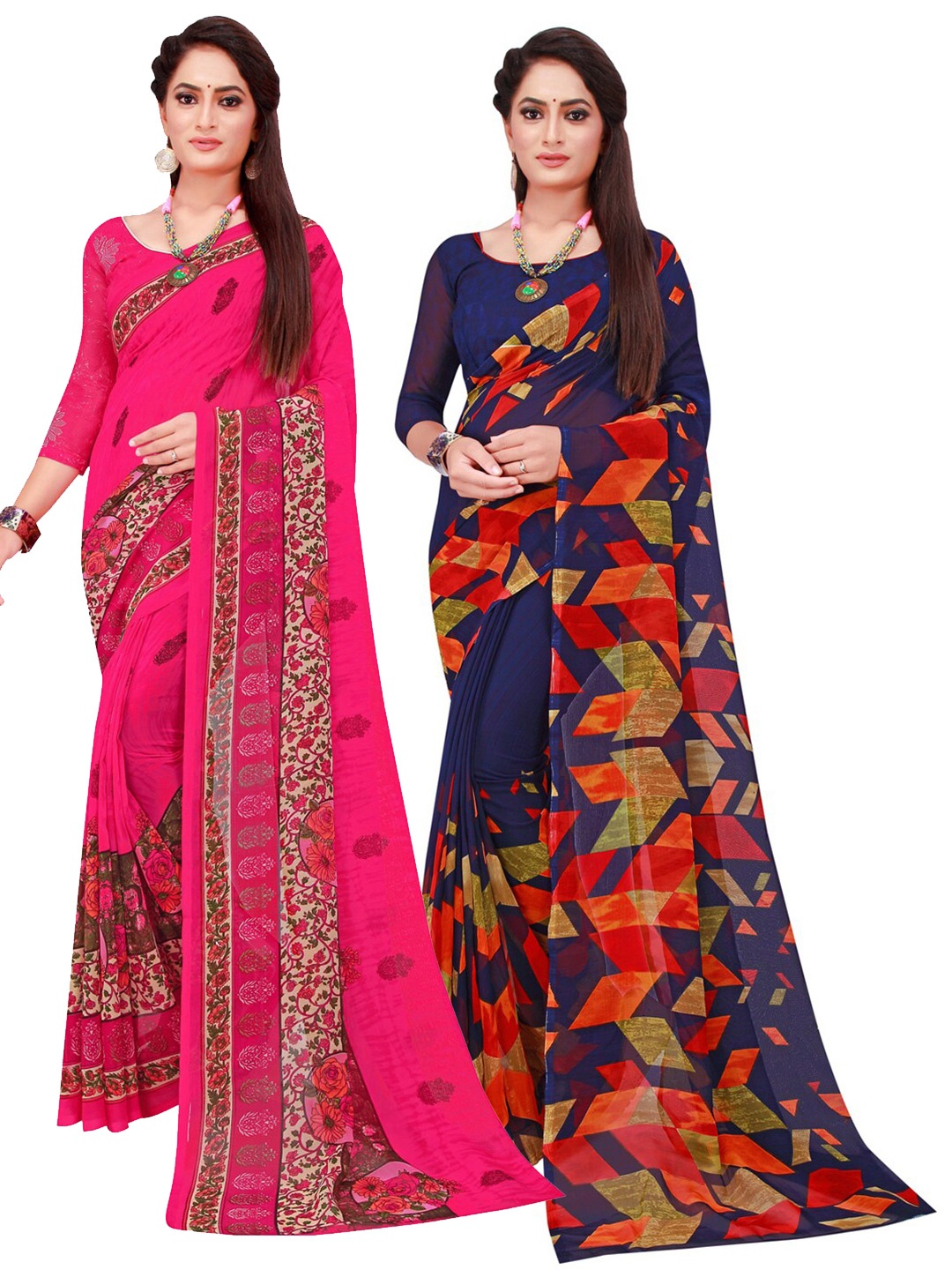 

Florence Pack Of 2 Navy Blue & Magenta Floral Pure Georgette Saree