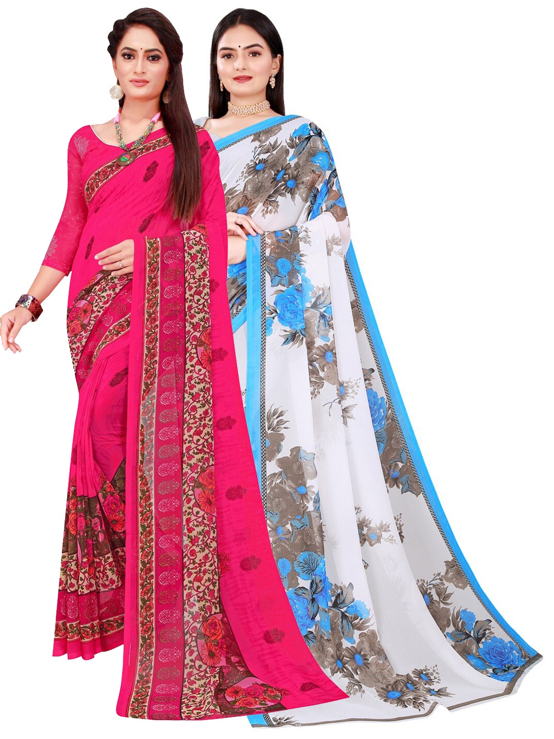 

Florence Pack Of 2 Magenta & White Floral Pure Georgette Saree