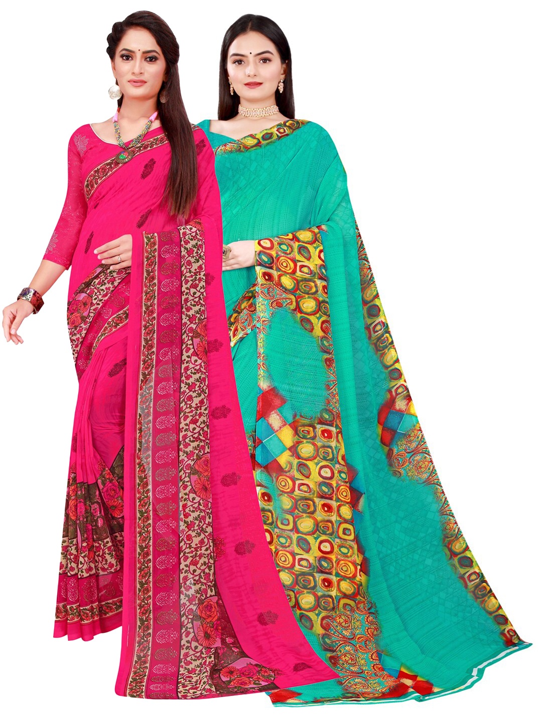 

Florence Set Of 2 Magenta & Green Floral Pure Georgette Saree