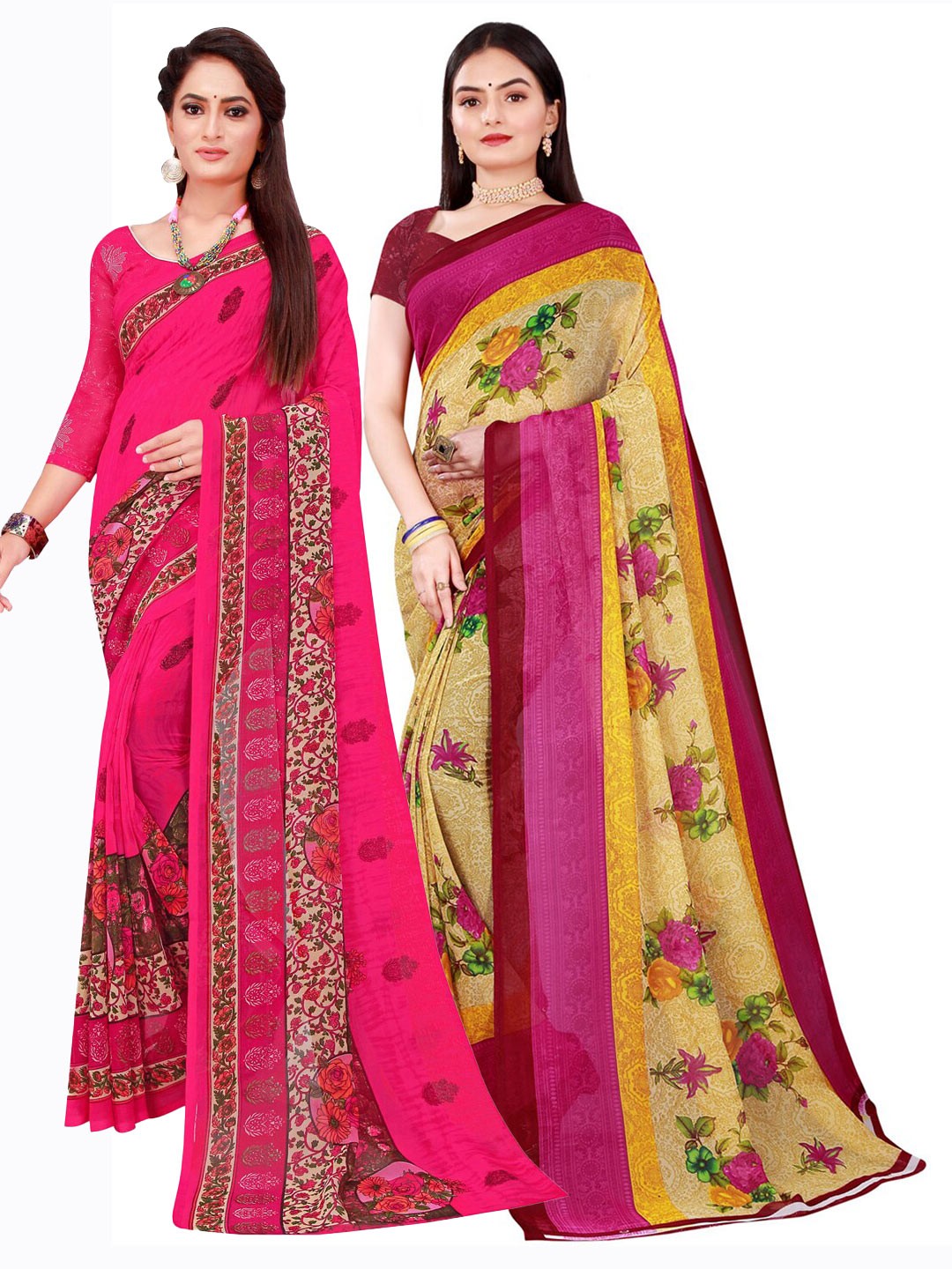

Florence Pack of 2 Beige & Magenta Floral Pure Georgette Sarees
