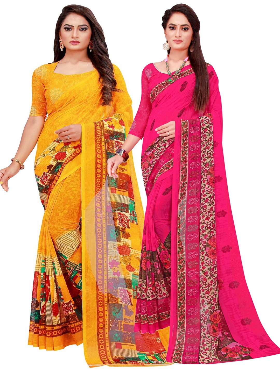 

Florence Magenta & Yellow Set of 2 Floral Printed Georgette Saree