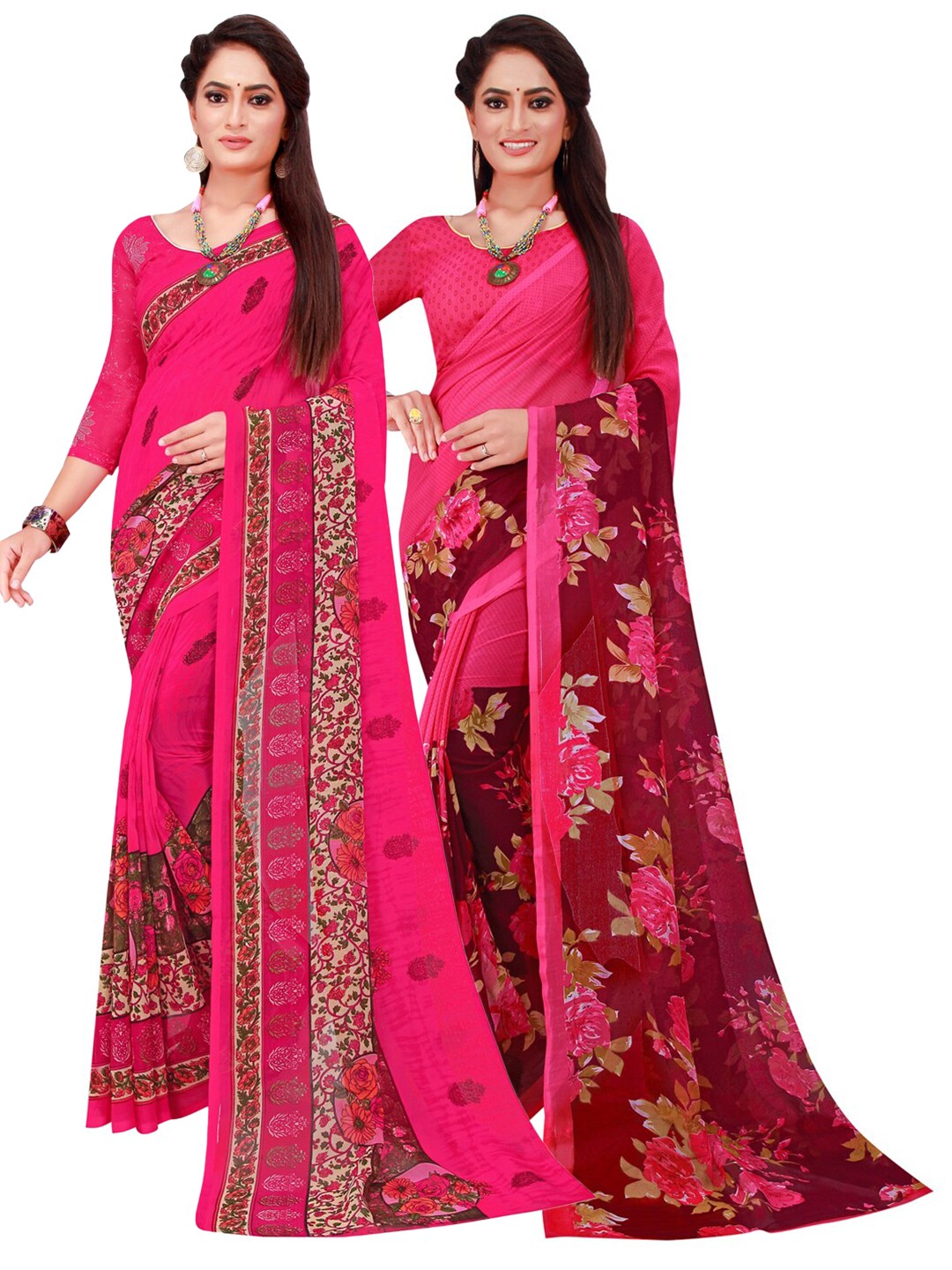 

Florence Pack of 2 Magenta & Olive Green Floral Pure Georgette Sarees