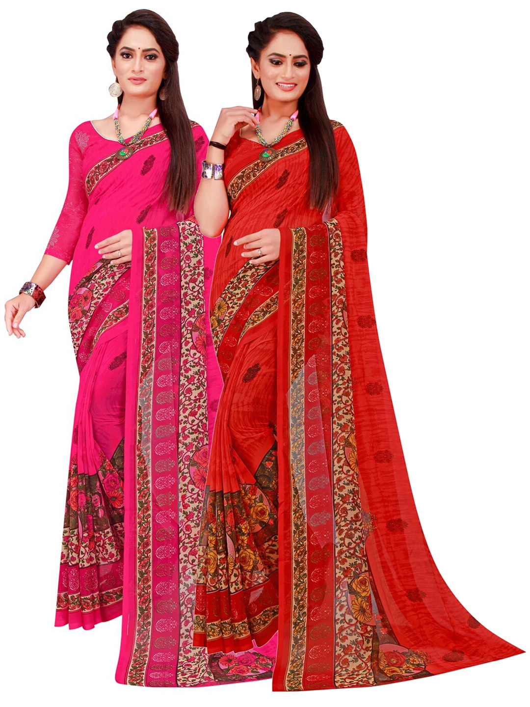 

Florence Pack Of 2 Magenta & Red Floral Pure Georgette Saree