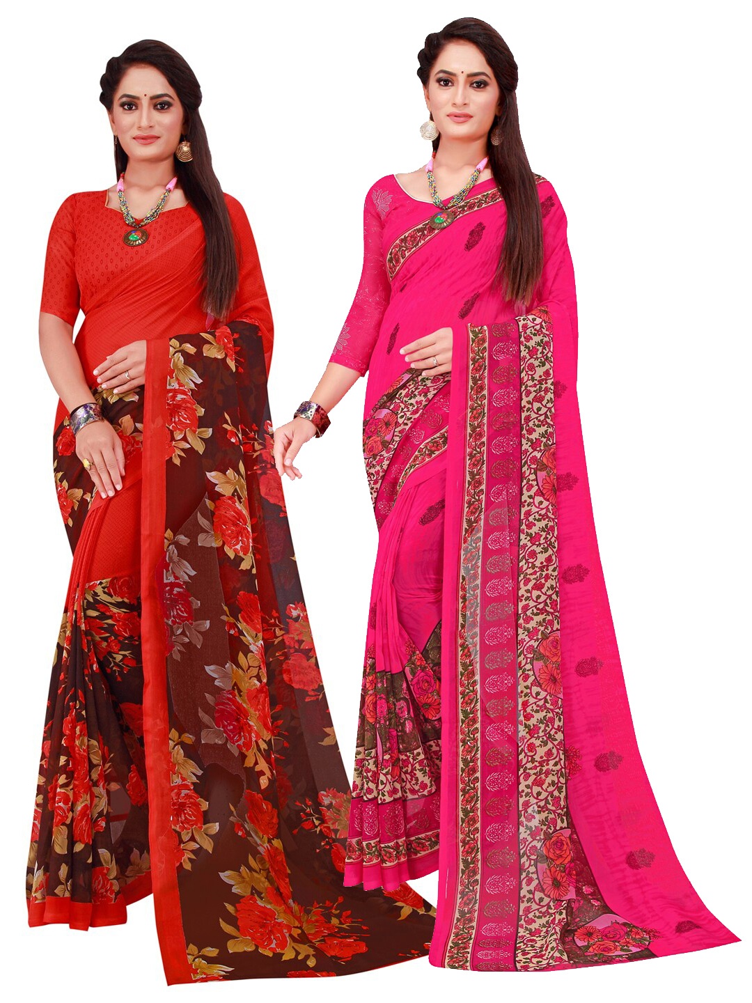 

Florence Set Of 2 Magenta & Red Floral Pure Georgette Saree