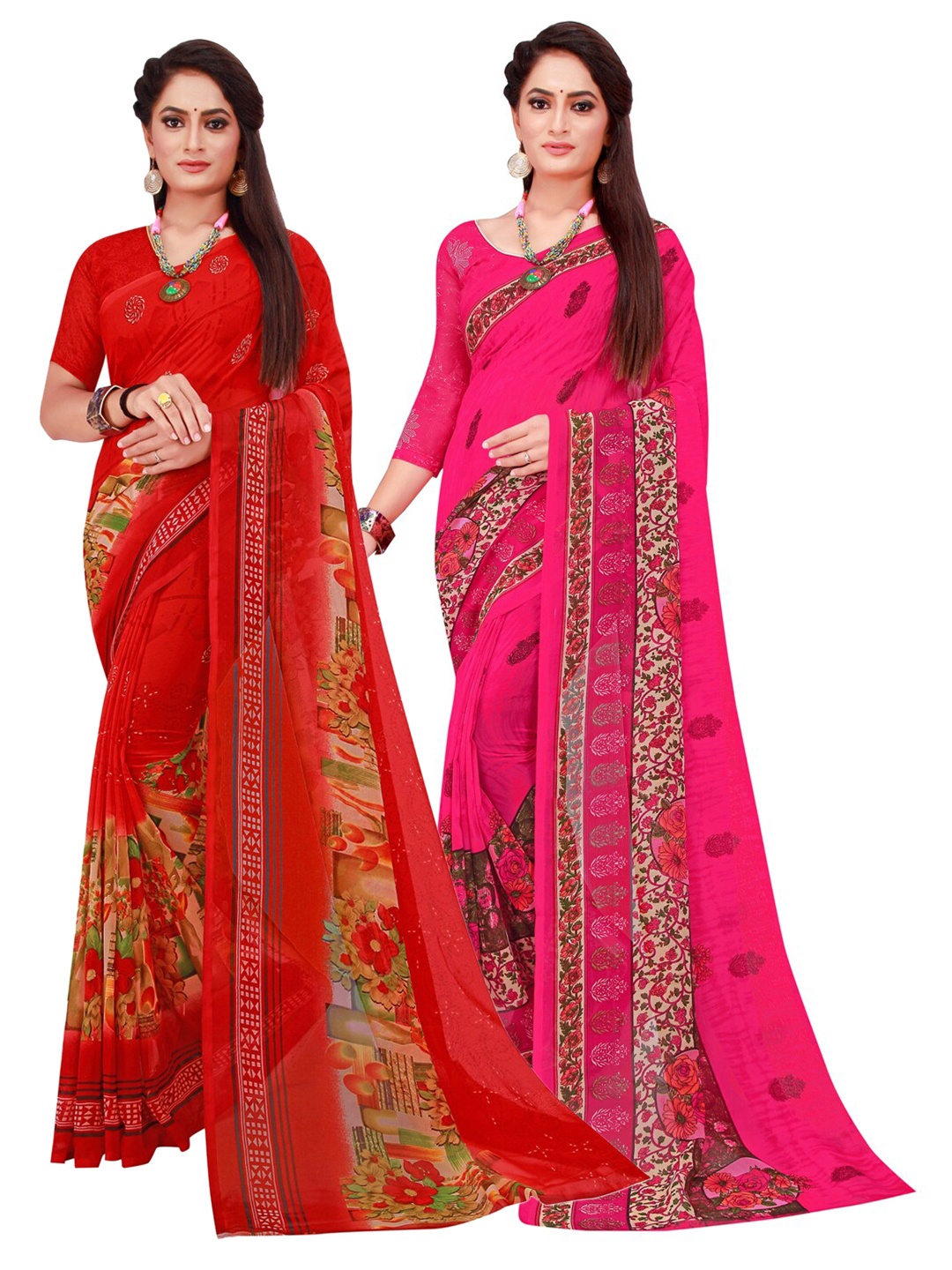 

Florence Pack of 2 Magenta & Yellow Floral Pure Georgette Sarees