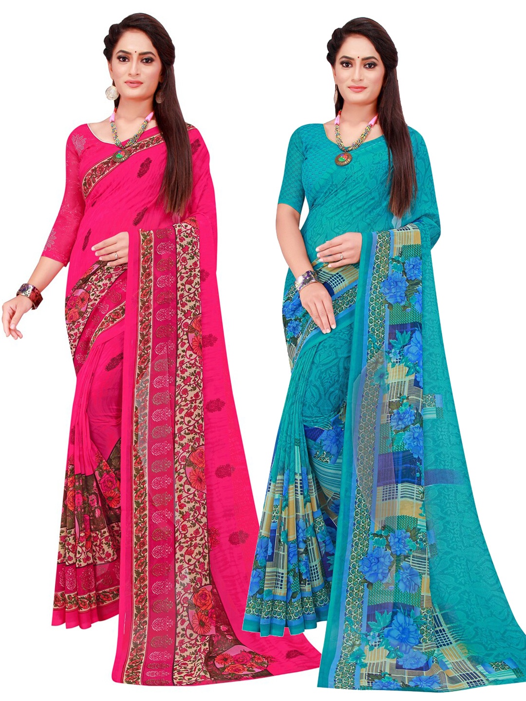 

Florence Turquoise Blue & Red Set Of 2 Floral Pure Georgette Saree