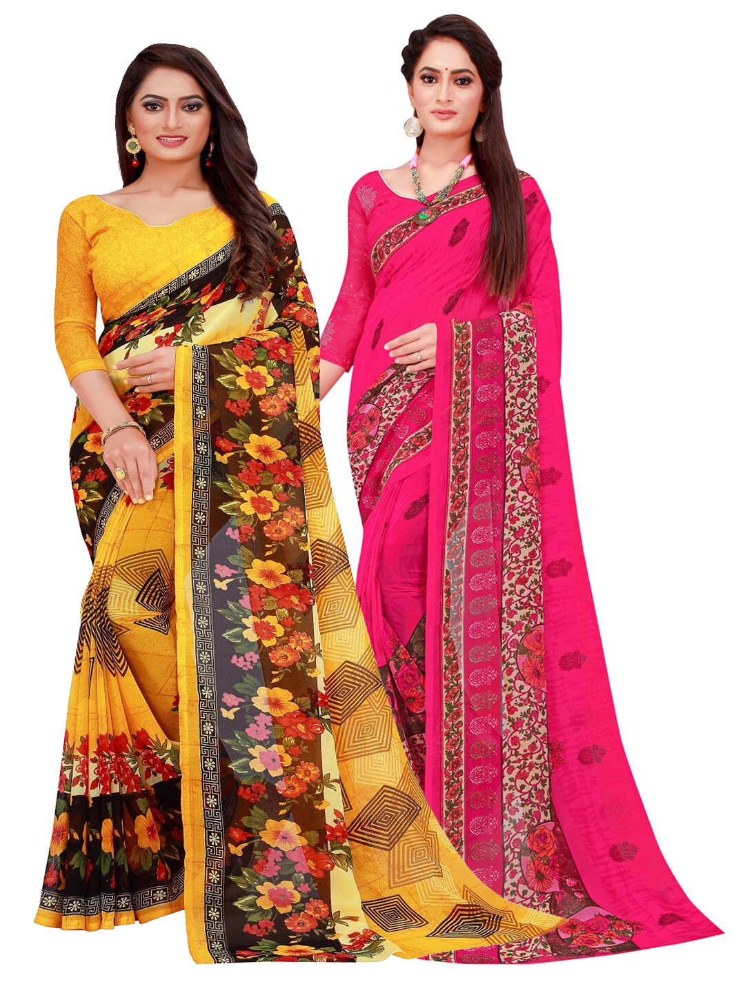 

Florence Yellow & Magenta Printed Pure Georgette Saree