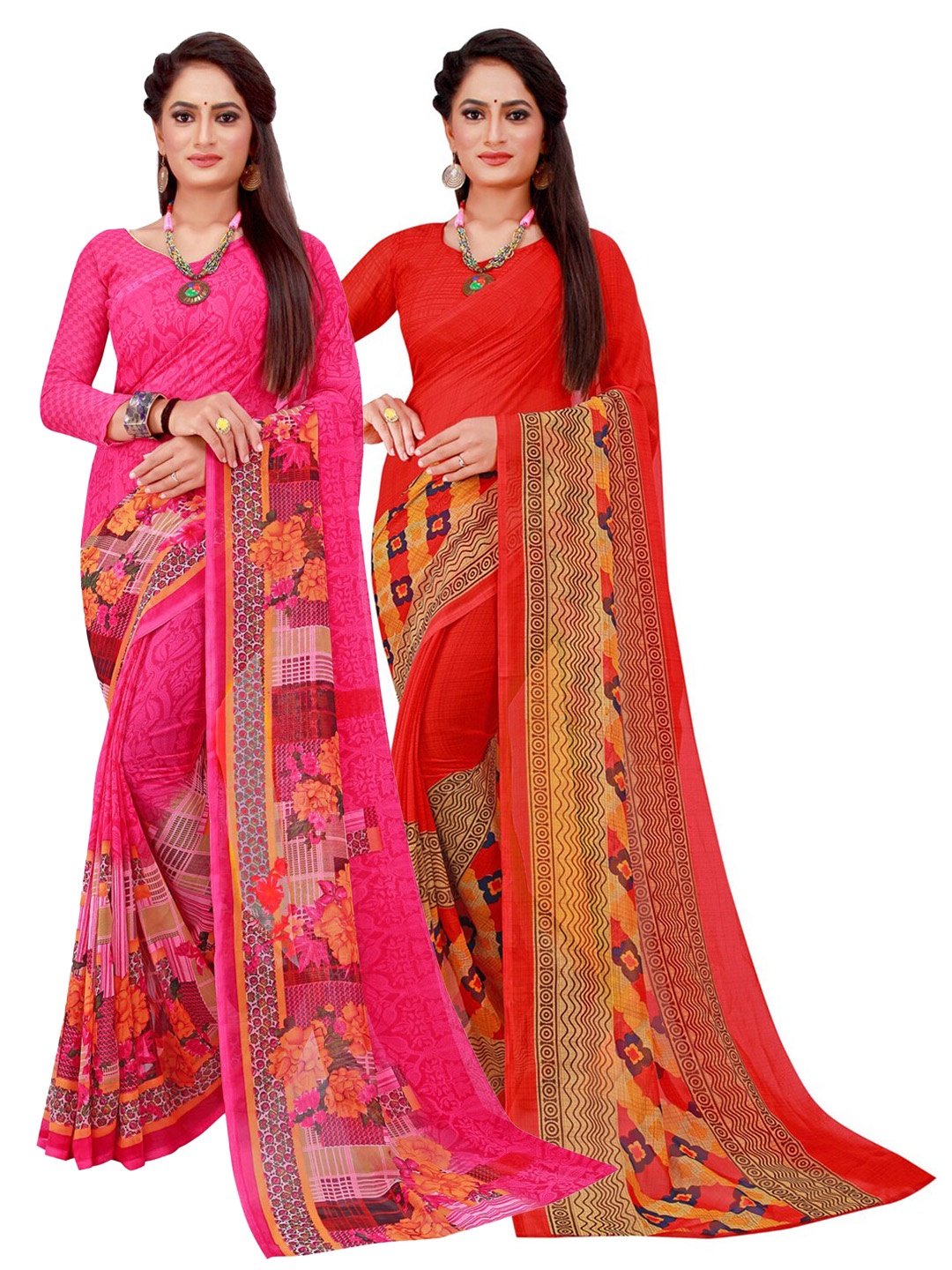 

Florence Pack Of 2 Red & Magenta Floral Pure Georgette Saree