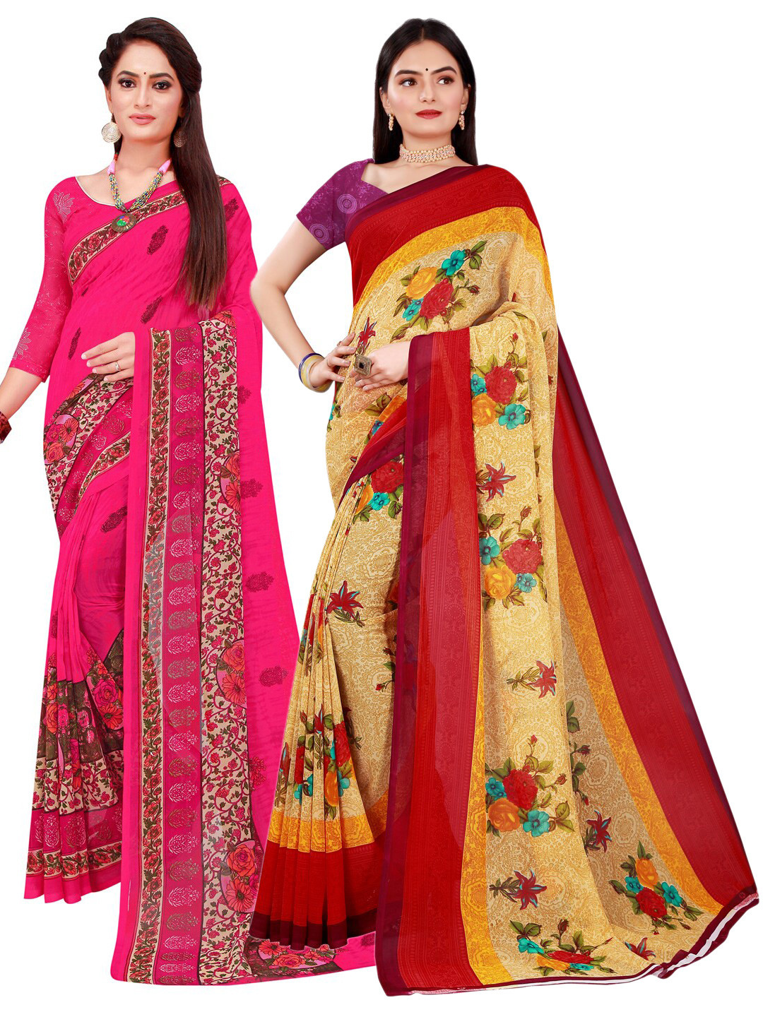 

Florence Set Of 2 Beige & Magenta Floral Pure Georgette Saree