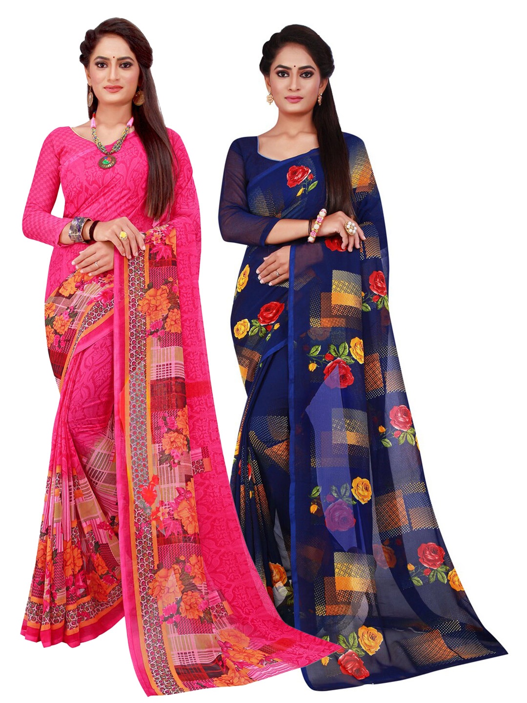 

Florence Magenta & Navy Blue Set of 2 Floral Printed Georgette Saree