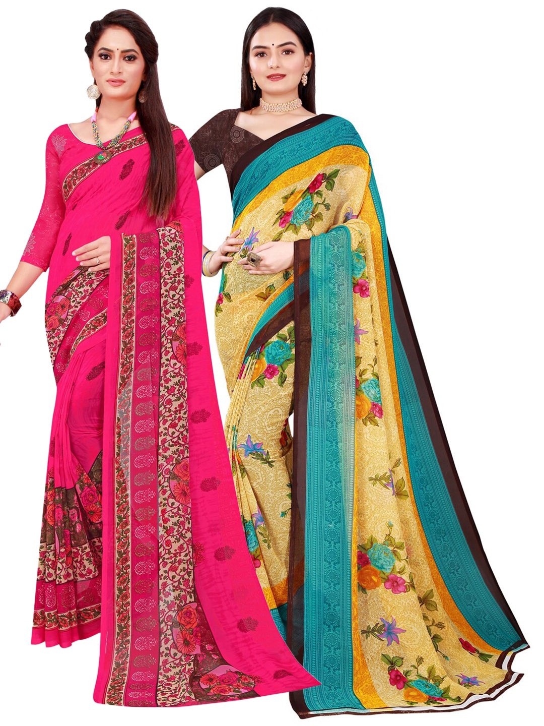

Florence Beige & Magenta Floral Printed Pure Georgette Saree Pack Of 2
