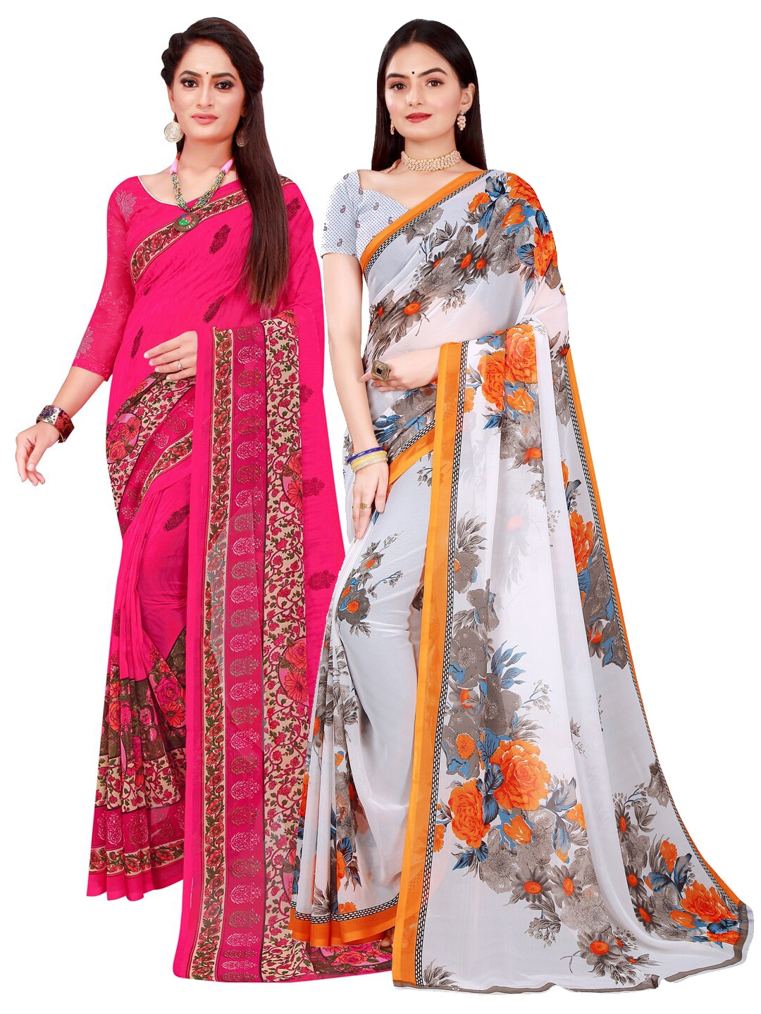 

Florence Pack of 2 Magenta & White Floral Pure Georgette Sarees