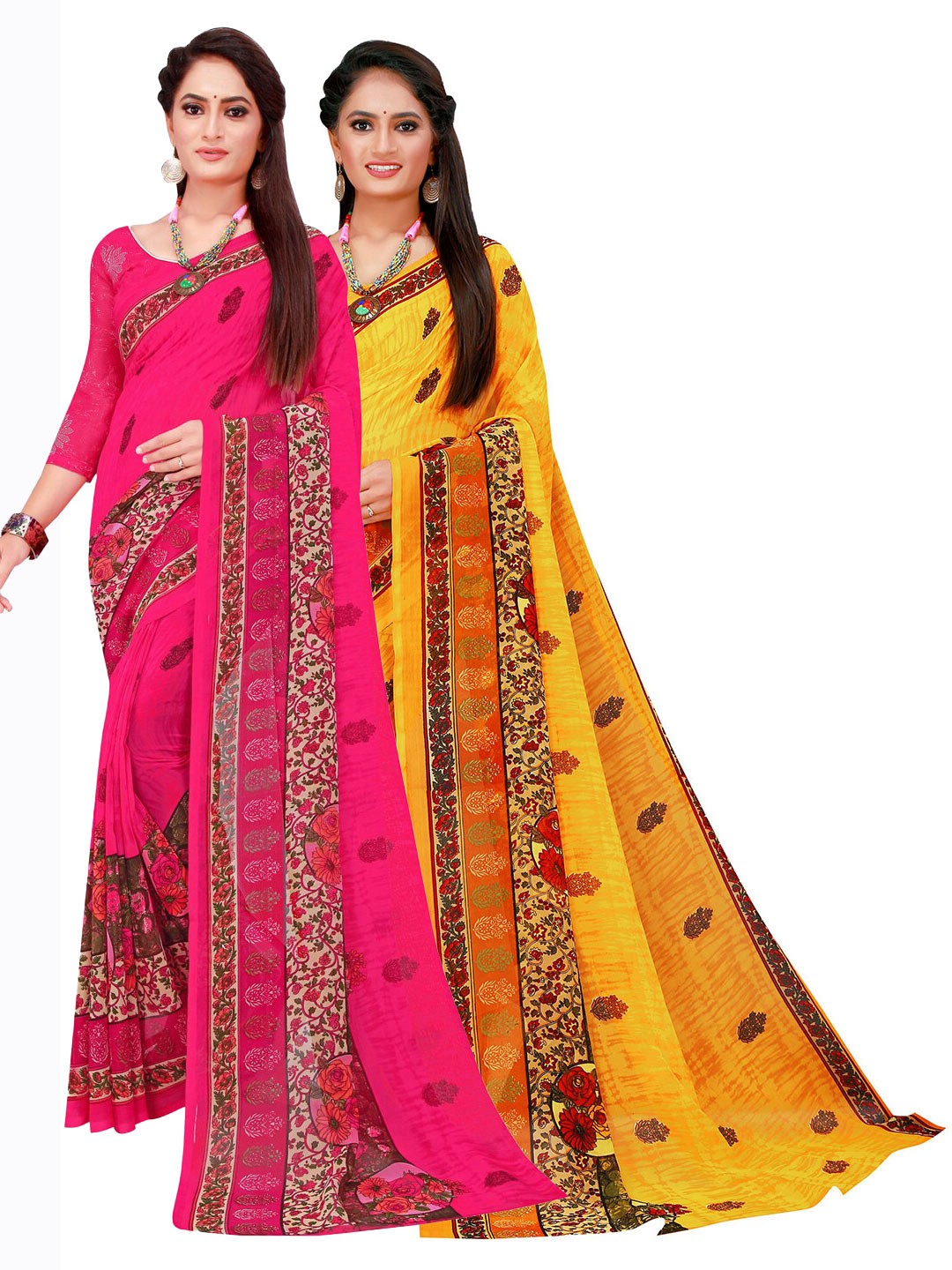 

Florence Pack Of 2 Magenta & Yellow Floral Pure Georgette Saree