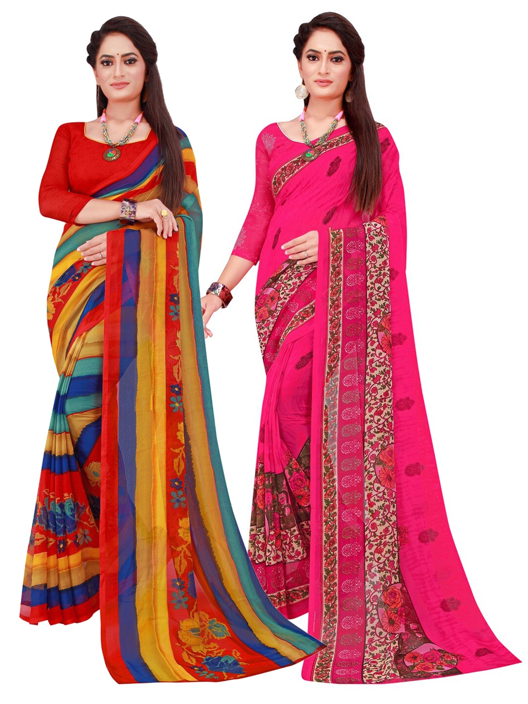 

Florence Set Of 2 Yellow & Magenta Floral Pure Georgette Saree