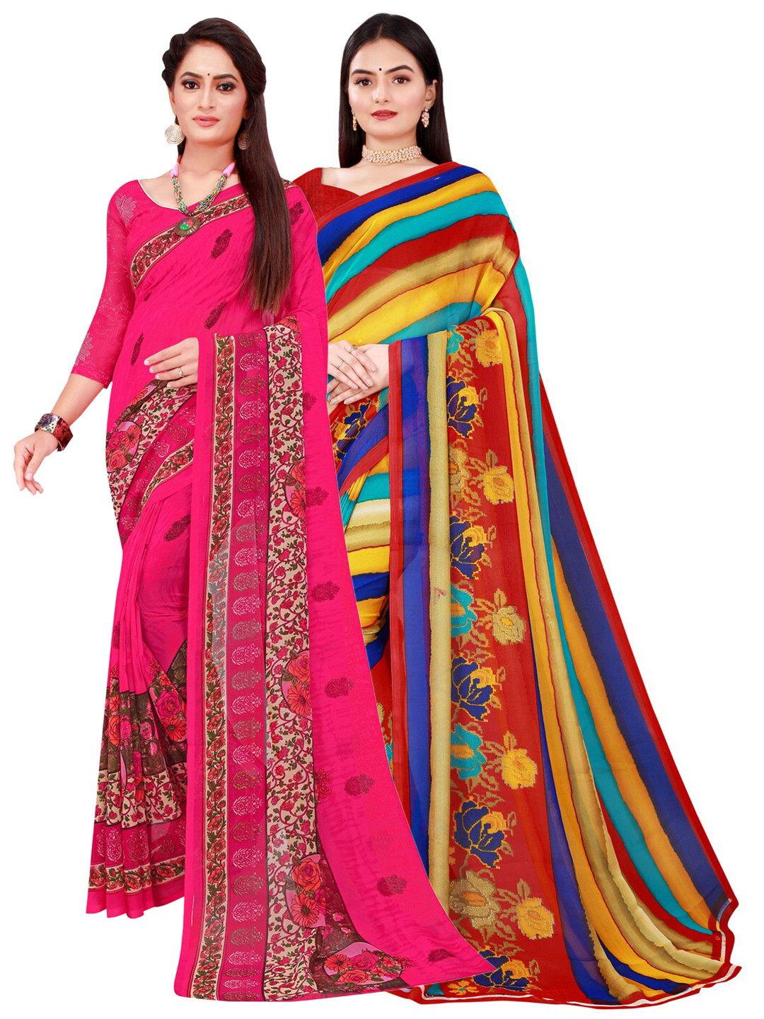 

Florence Magenta & Yellow Set Of 2 Floral Pure Georgette Saree