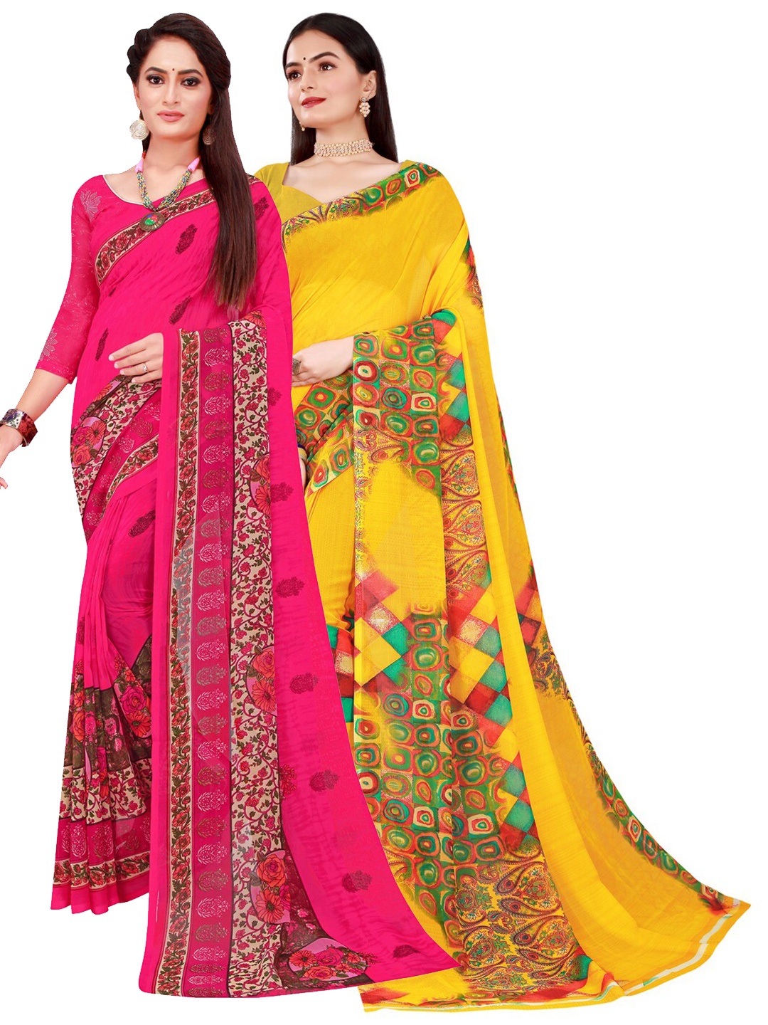 Florence Pack Of 2 Magenta & Yellow Pure Georgette Saree