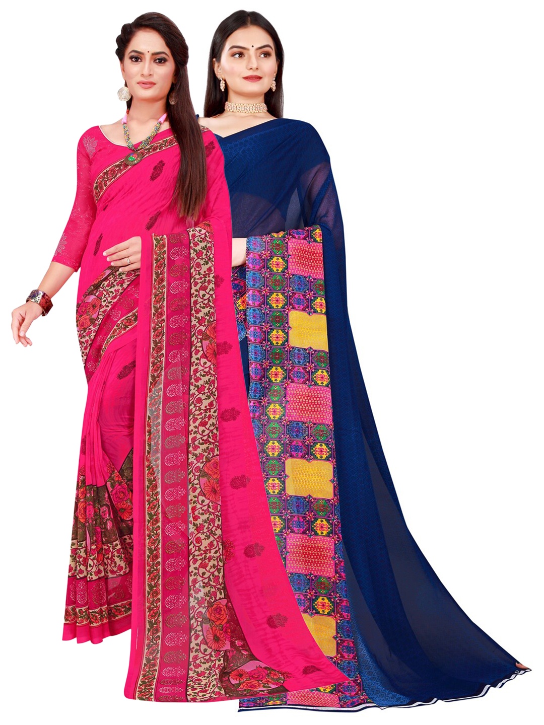 

Florence Pack Of 2 Magenta & Blue Floral Pure Georgette Saree