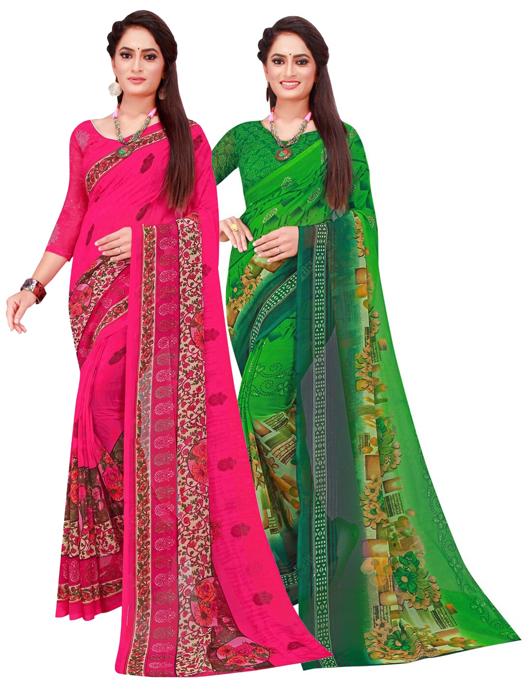 

Florence Pack of 2 Magenta & Green Floral Pure Georgette Sarees
