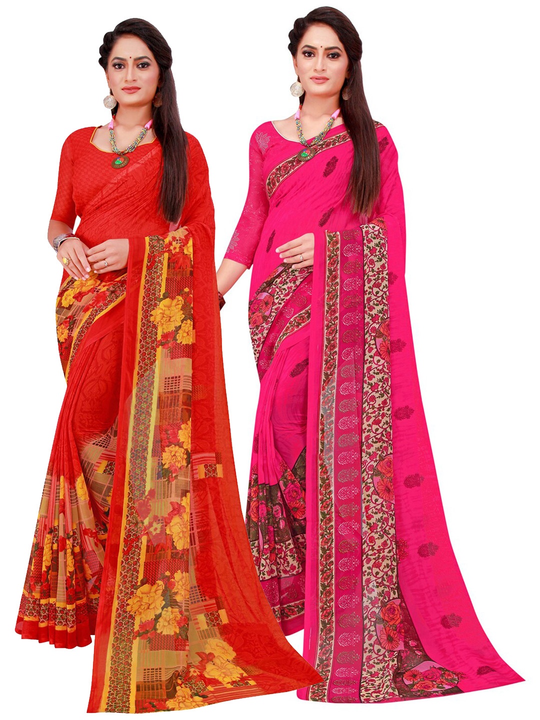 

Florence Magenta & Red Set of 2 Floral Printed Georgette Saree