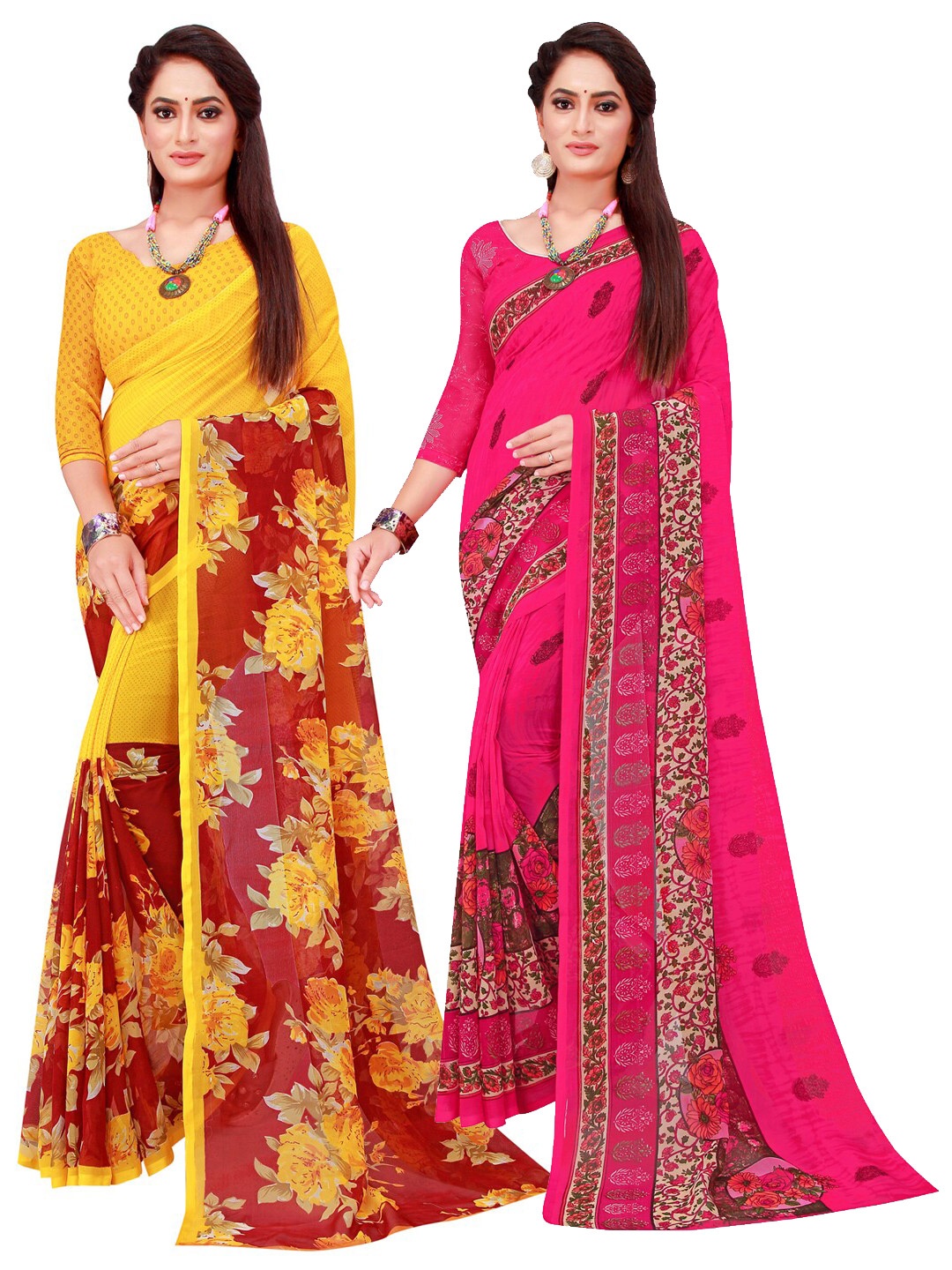 

Florence Magenta & Yellow Printed Pure Georgette Saree