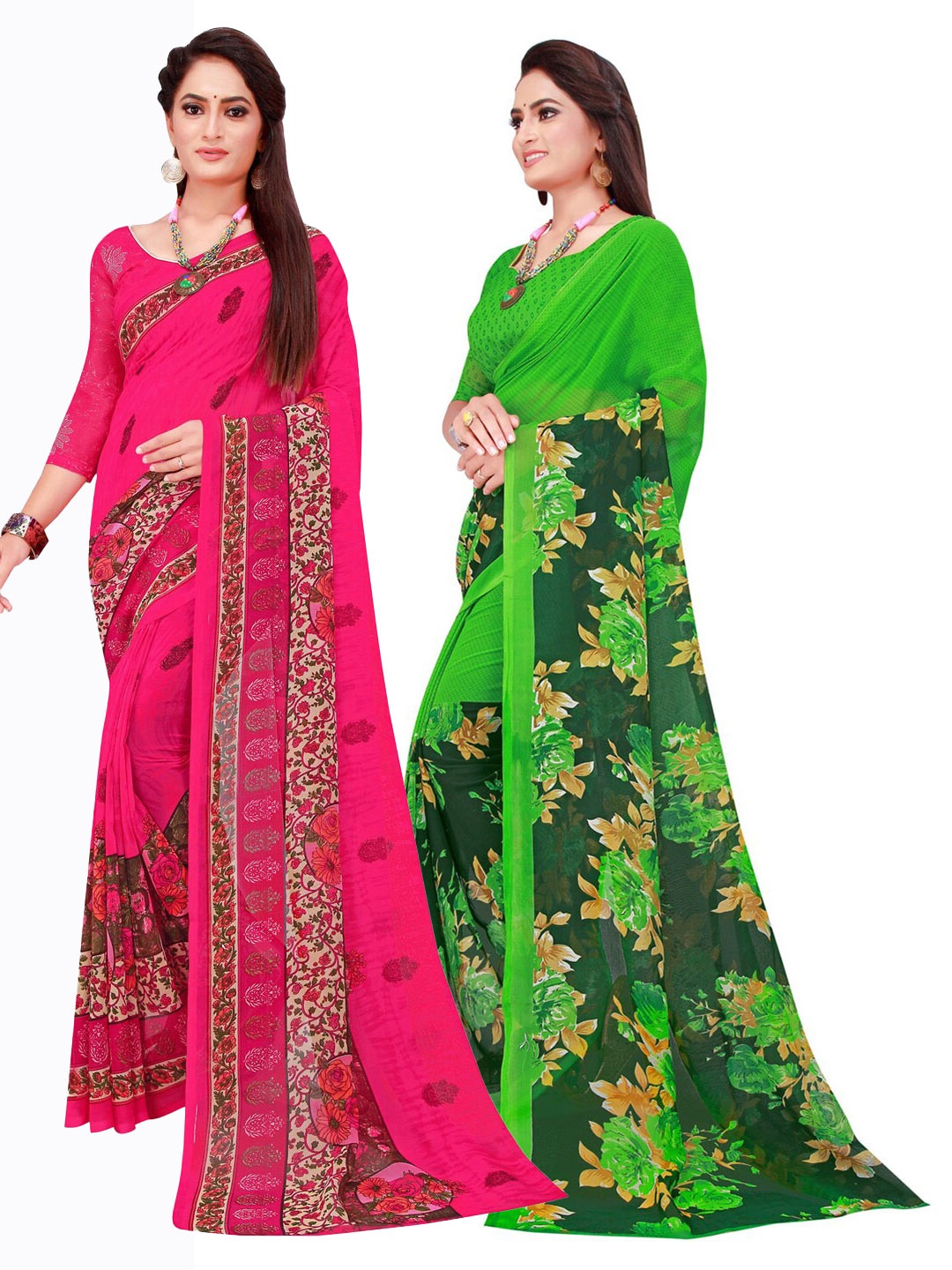 Florence Magenta & Green Floral Printed Pure Georgette Saree Pack Of 2